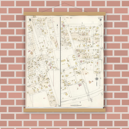 Old map wall art mockup — magnetic wood frame on brick wall — Sanborn Fire Insurance Map from Conroe, Montgomery County, Texas (1943), Sheet #0009