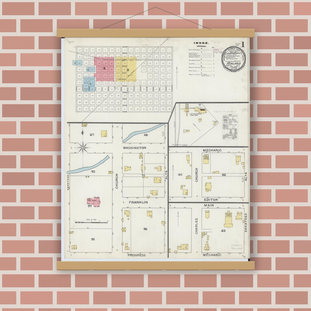 Old map wall art mockup — magnetic wood frame on brick wall — Sanborn Fire Insurance Map from Ashland, Cass County, Illinois (1894), Sheet #0001