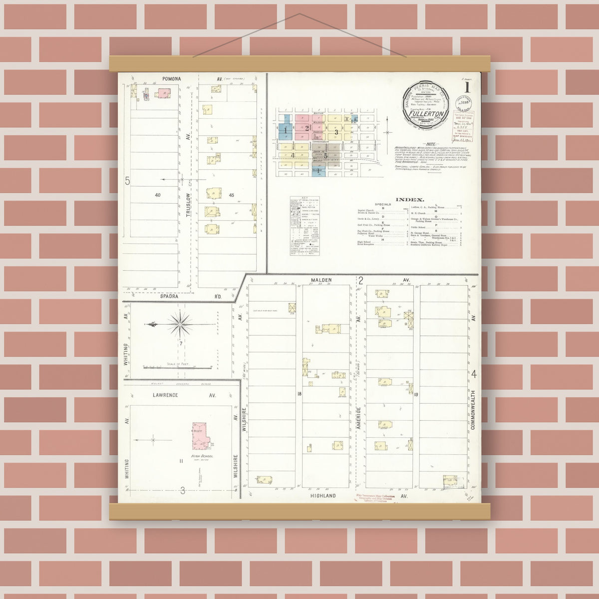 Old map wall art mockup — magnetic wood frame on brick wall — Sanborn Fire Insurance Map from Fullerton, Orange County, California (1900), Sheet #0001