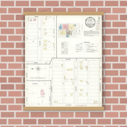 Old map wall art mockup — magnetic wood frame on brick wall — Sanborn Fire Insurance Map from Fullerton, Orange County, California (1900), Sheet #0001