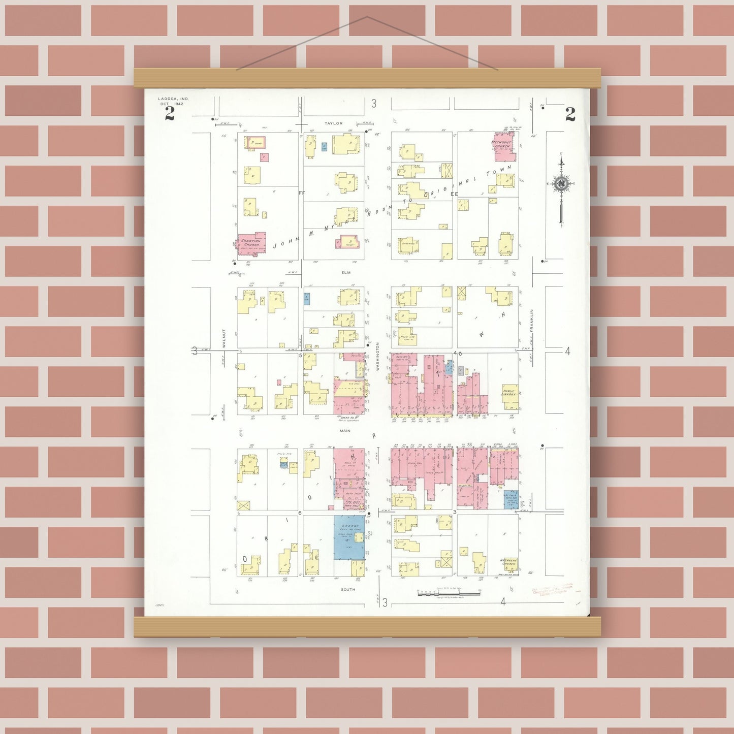 Old map wall art mockup — magnetic wood frame on brick wall — Sanborn Fire Insurance Map from Ladoga, Montgomery County, Indiana (1942), Sheet #0002
