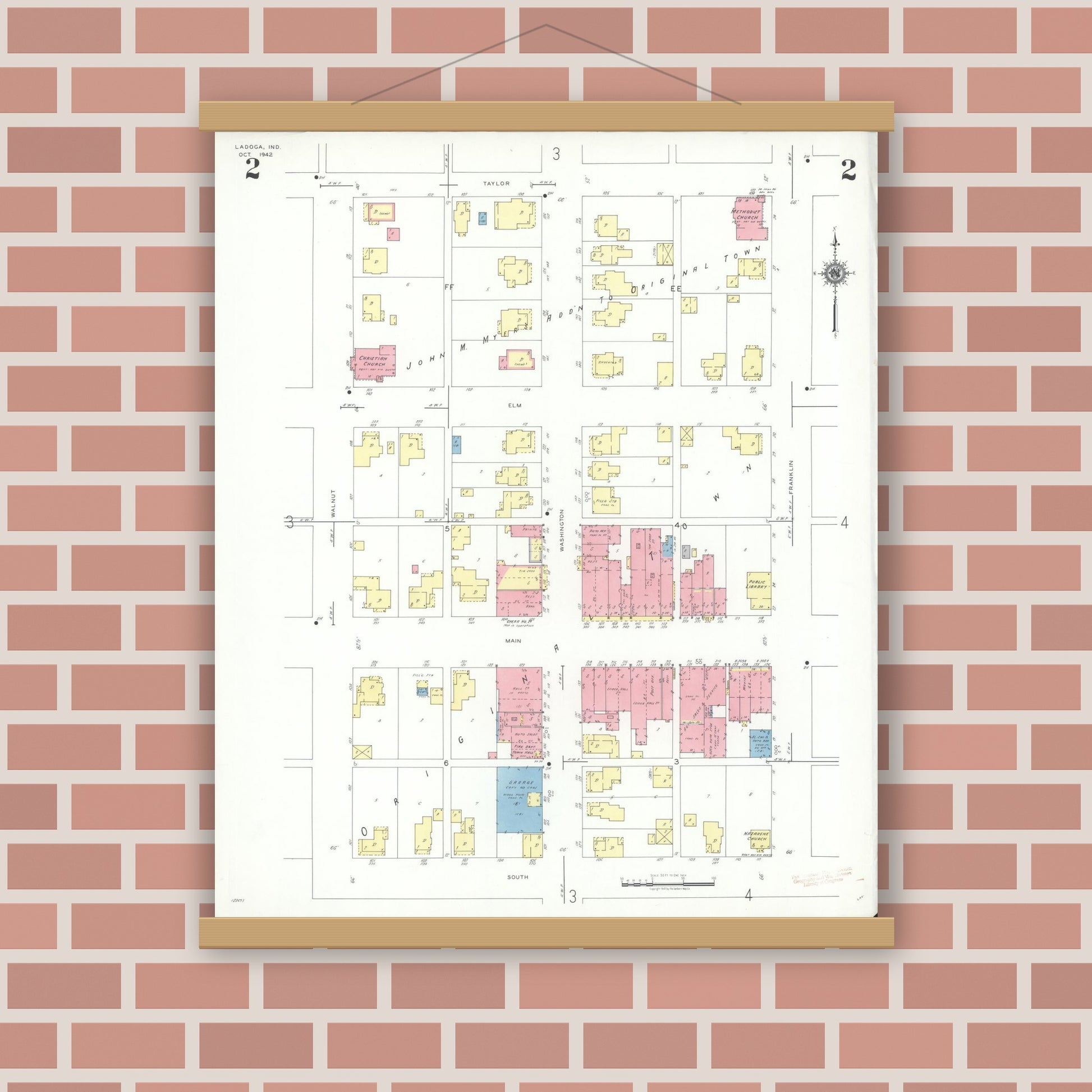 Old map wall art mockup — magnetic wood frame on brick wall — Sanborn Fire Insurance Map from Ladoga, Montgomery County, Indiana (1942), Sheet #0002