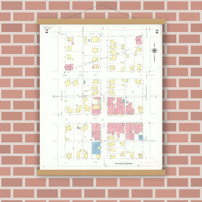 Old map wall art mockup — magnetic wood frame on brick wall — Sanborn Fire Insurance Map from Ladoga, Montgomery County, Indiana (1942), Sheet #0002