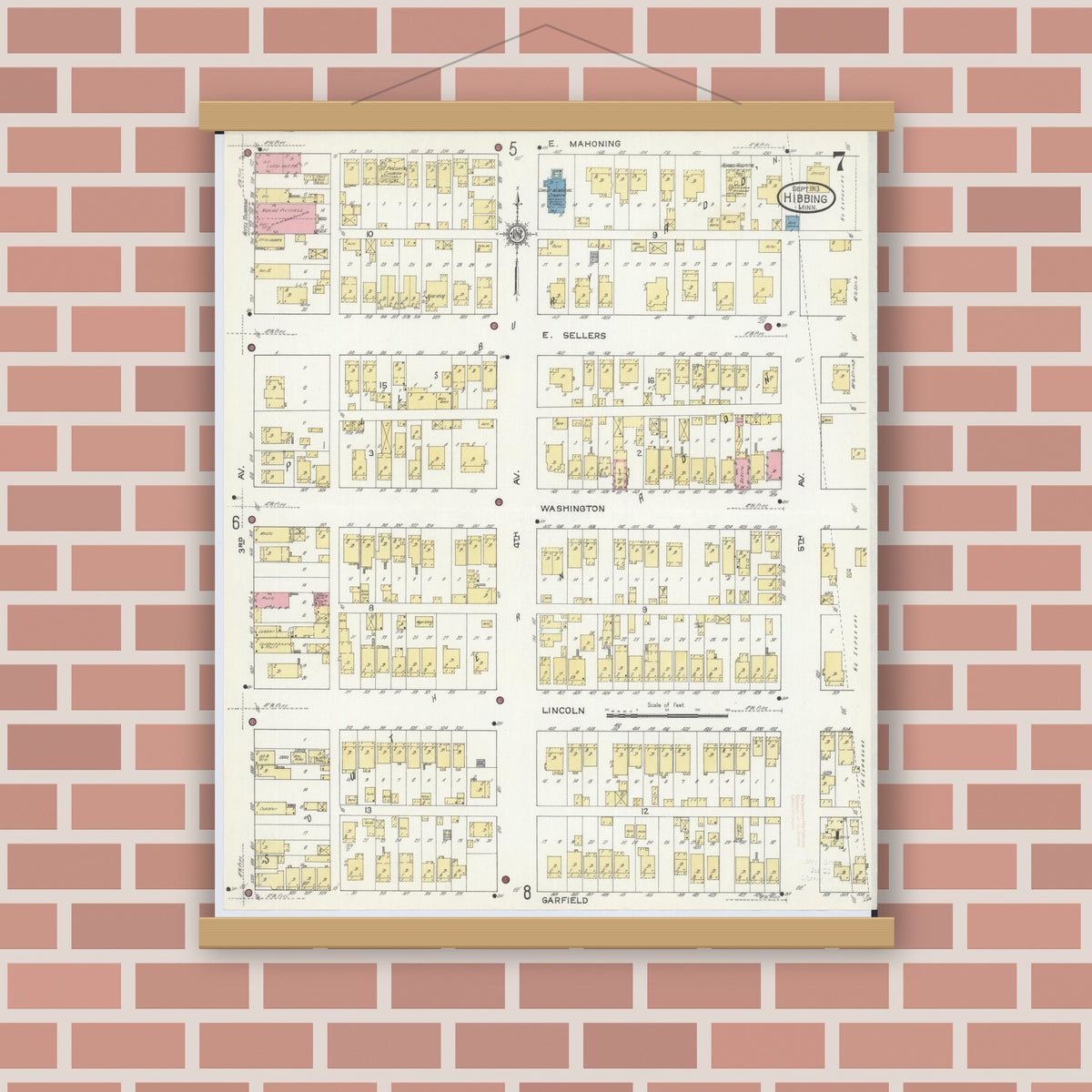Old map wall art mockup — magnetic wood frame on brick wall — Sanborn Fire Insurance Map from Hibbing, Saint Louis County, Minnesota (1913), Sheet #0007