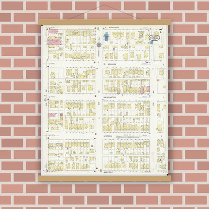 Old map wall art mockup — magnetic wood frame on brick wall — Sanborn Fire Insurance Map from Hibbing, Saint Louis County, Minnesota (1913), Sheet #0007