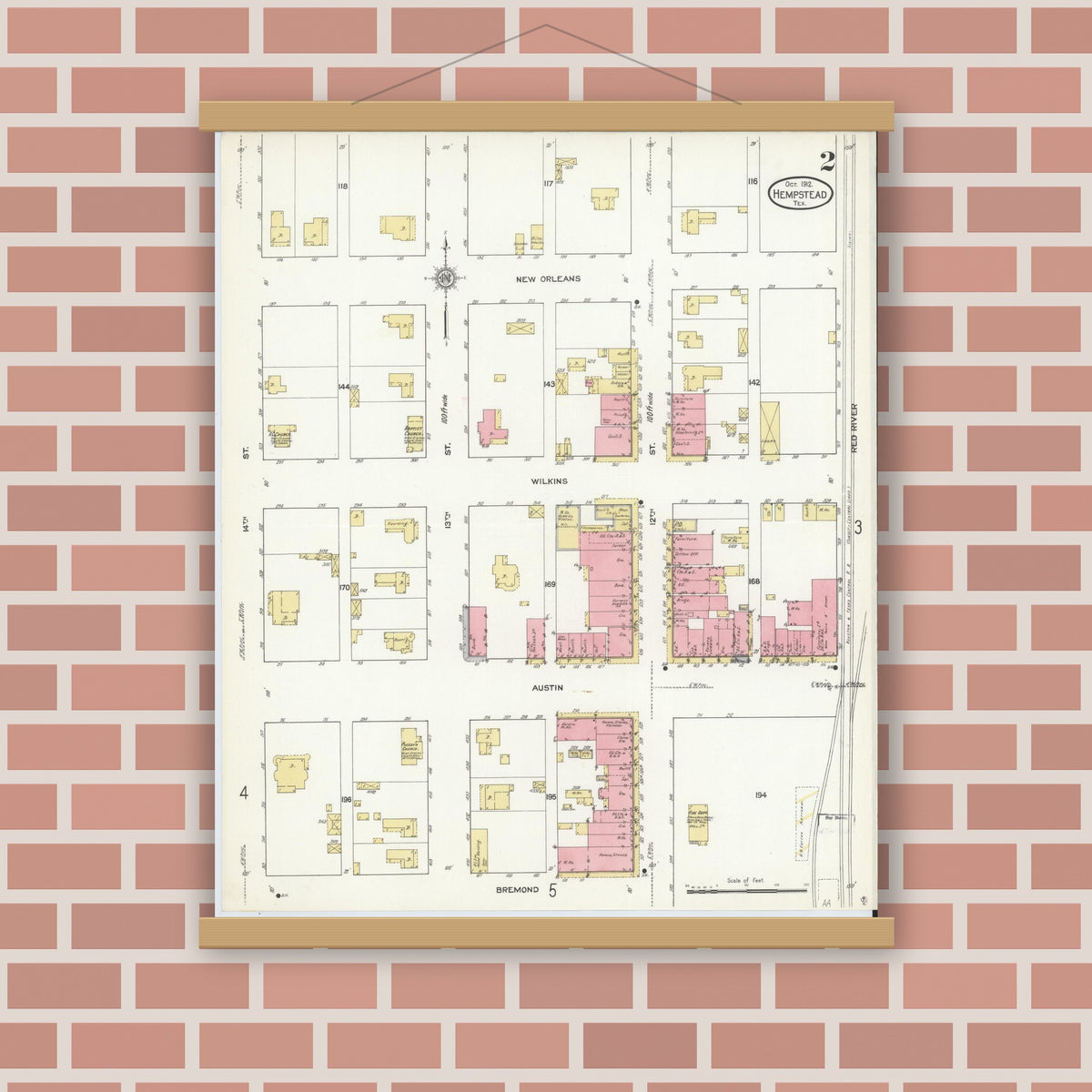 Old map wall art mockup — magnetic wood frame on brick wall — Sanborn Fire Insurance Map from Hempstead, Waller County, Texas (1912), Sheet #0002