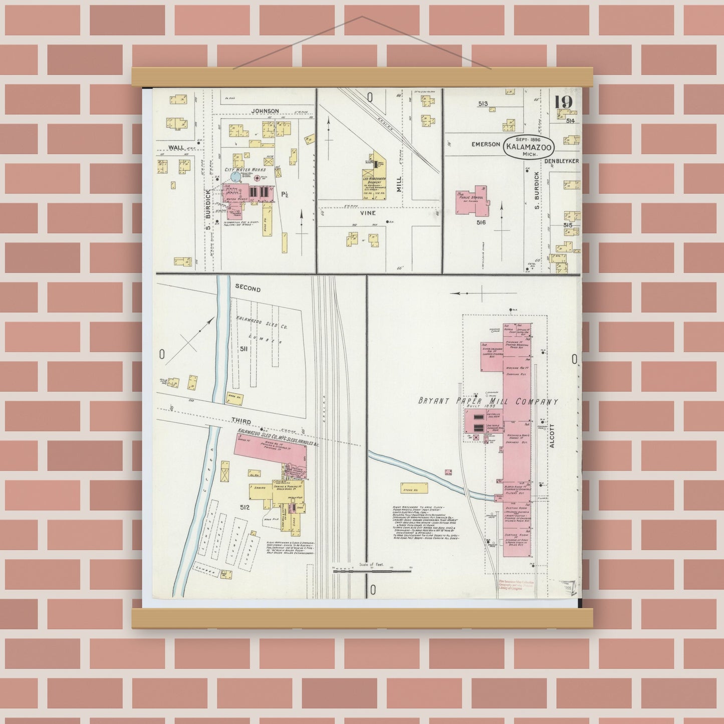 Old map wall art mockup — magnetic wood frame on brick wall — Sanborn Fire Insurance Map from Kalamazoo, Kalamazoo County, Michigan (1896), Sheet #0019