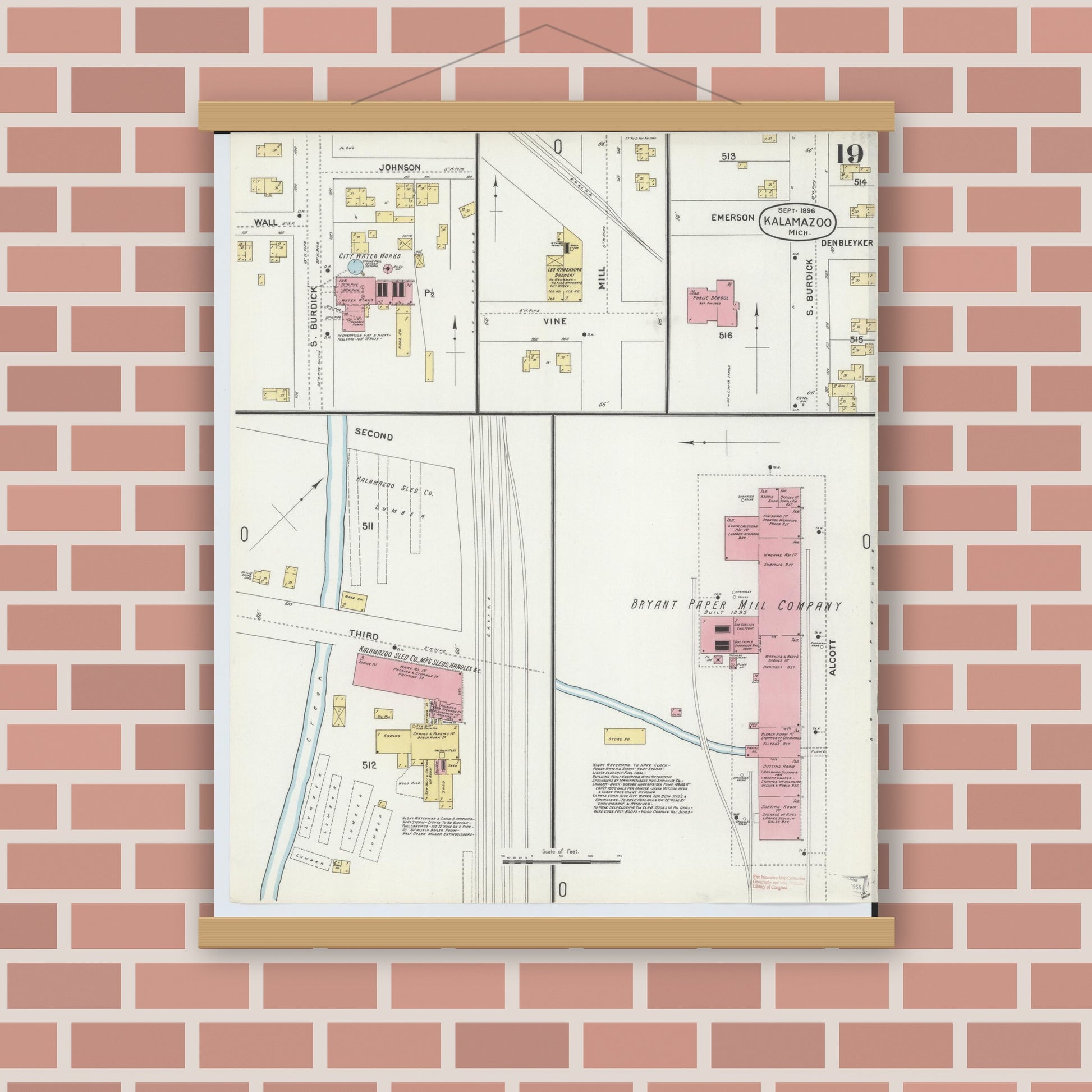 Old map wall art mockup — magnetic wood frame on brick wall — Sanborn Fire Insurance Map from Kalamazoo, Kalamazoo County, Michigan (1896), Sheet #0019