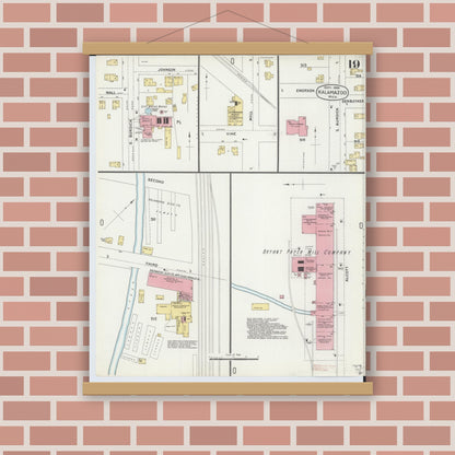 Old map wall art mockup — magnetic wood frame on brick wall — Sanborn Fire Insurance Map from Kalamazoo, Kalamazoo County, Michigan (1896), Sheet #0019
