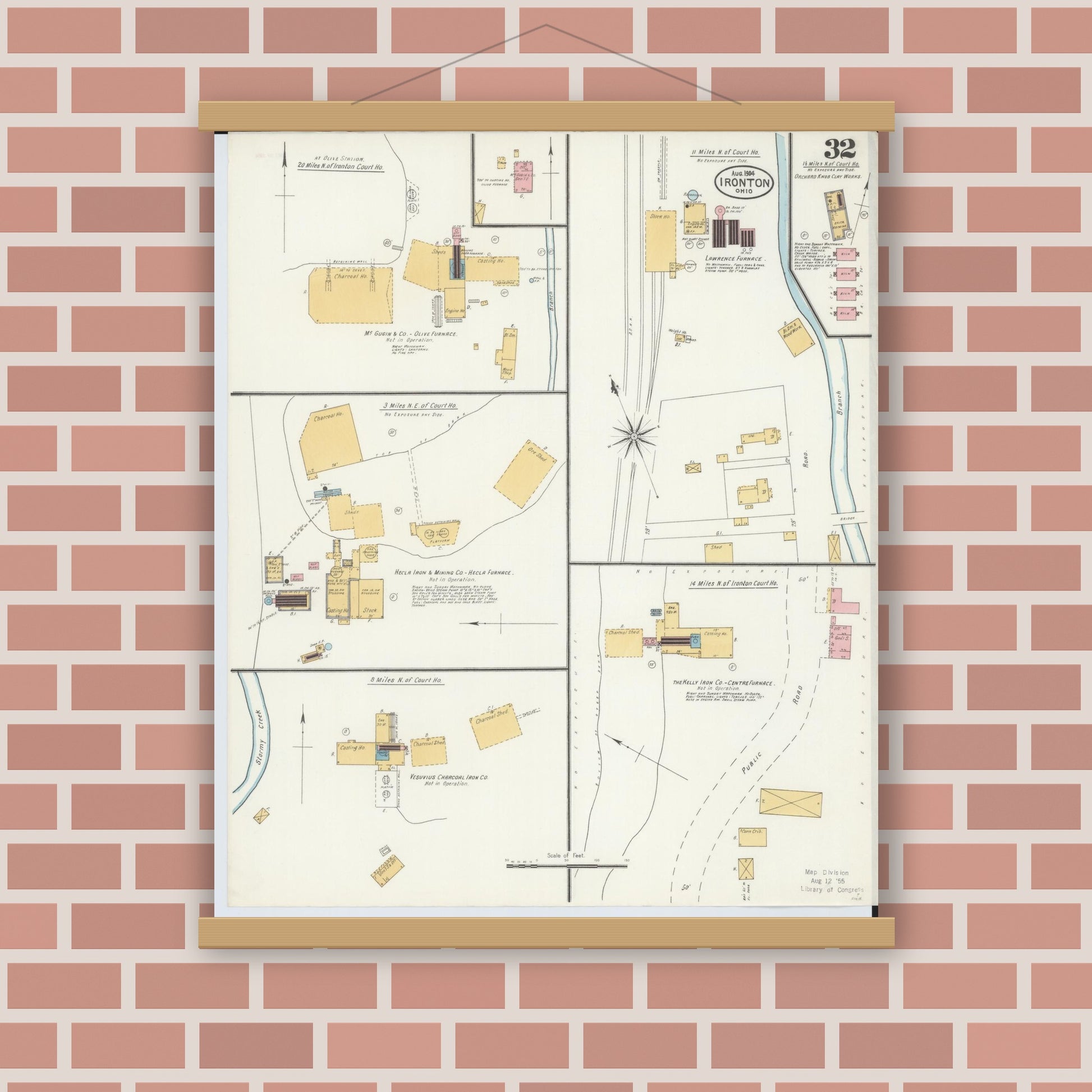 Old map wall art mockup — magnetic wood frame on brick wall — Sanborn Fire Insurance Map from Ironton, Lawrence County, Ohio (1904), Sheet #0032