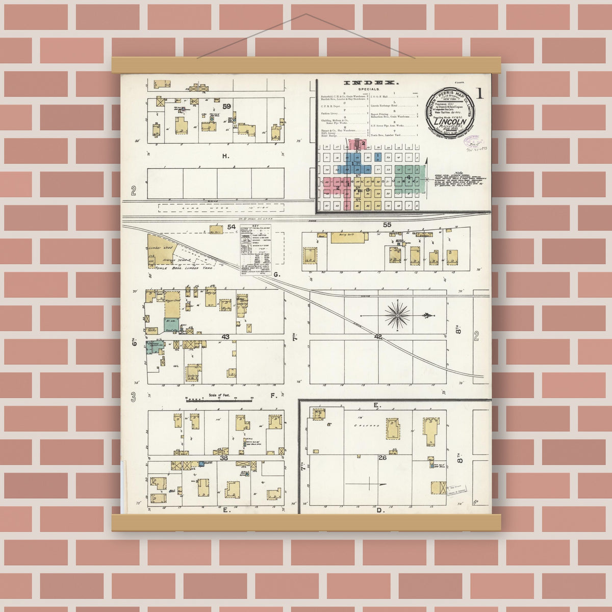 Old map wall art mockup — magnetic wood frame on brick wall — Sanborn Fire Insurance Map from Lincoln, Placer County, California (1893) - Complete Map Set