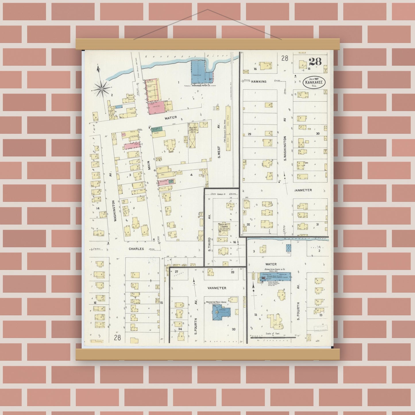 Old map wall art mockup — magnetic wood frame on brick wall — Sanborn Fire Insurance Map from Kankakee, Kankakee County, Illinois (1907), Sheet #0028