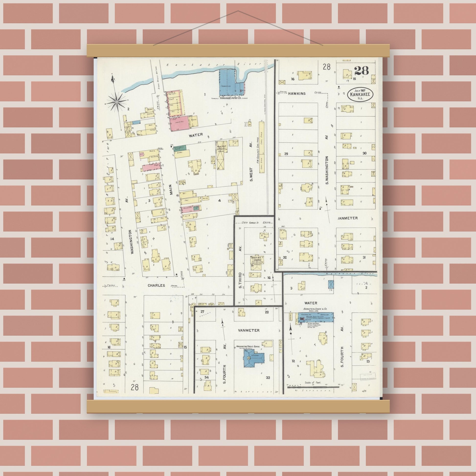 Old map wall art mockup — magnetic wood frame on brick wall — Sanborn Fire Insurance Map from Kankakee, Kankakee County, Illinois (1907), Sheet #0028