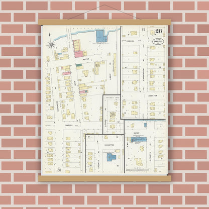Old map wall art mockup — magnetic wood frame on brick wall — Sanborn Fire Insurance Map from Kankakee, Kankakee County, Illinois (1907), Sheet #0028