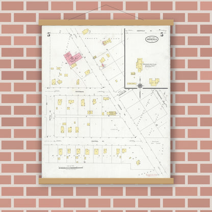 Old map wall art mockup — magnetic wood frame on brick wall — Sanborn Fire Insurance Map from Deerfield, Lake County, Illinois (1929), Sheet #0005