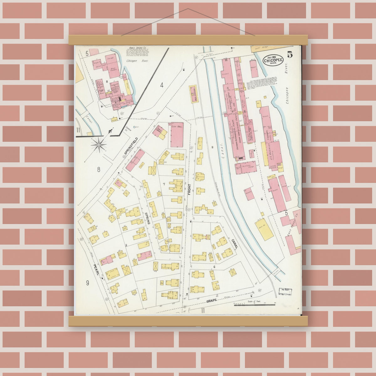 Old map wall art mockup — magnetic wood frame on brick wall — Sanborn Fire Insurance Map from Chicopee, Hampden County, Massachusetts (1902), Sheet #0005