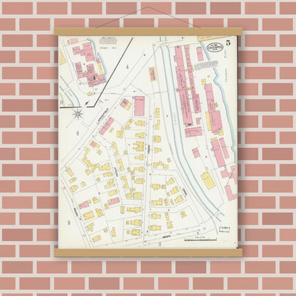 Old map wall art mockup — magnetic wood frame on brick wall — Sanborn Fire Insurance Map from Chicopee, Hampden County, Massachusetts (1902), Sheet #0005