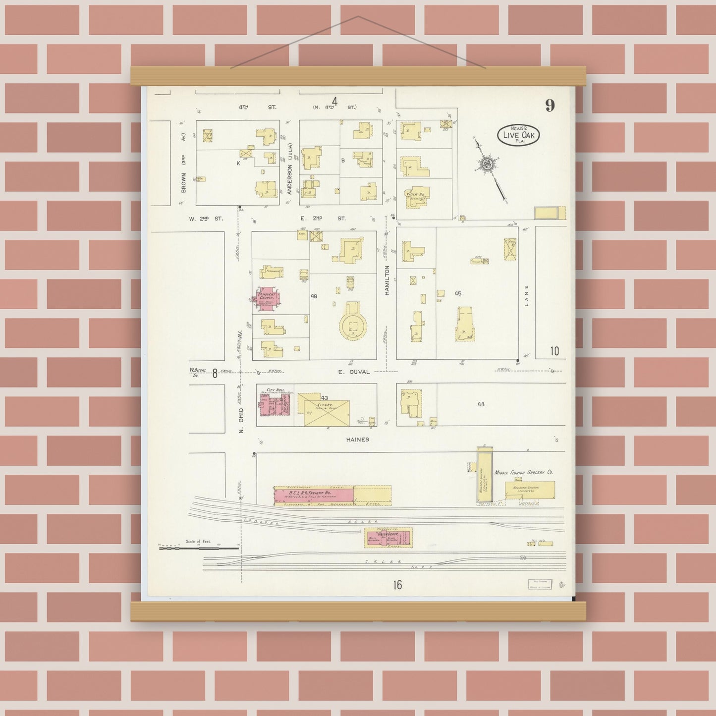 Old map wall art mockup — magnetic wood frame on brick wall — Sanborn Fire Insurance Map from Live Oak, Suwanee County, Florida (1912), Sheet #0009