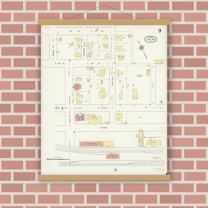 Old map wall art mockup — magnetic wood frame on brick wall — Sanborn Fire Insurance Map from Live Oak, Suwanee County, Florida (1912), Sheet #0009