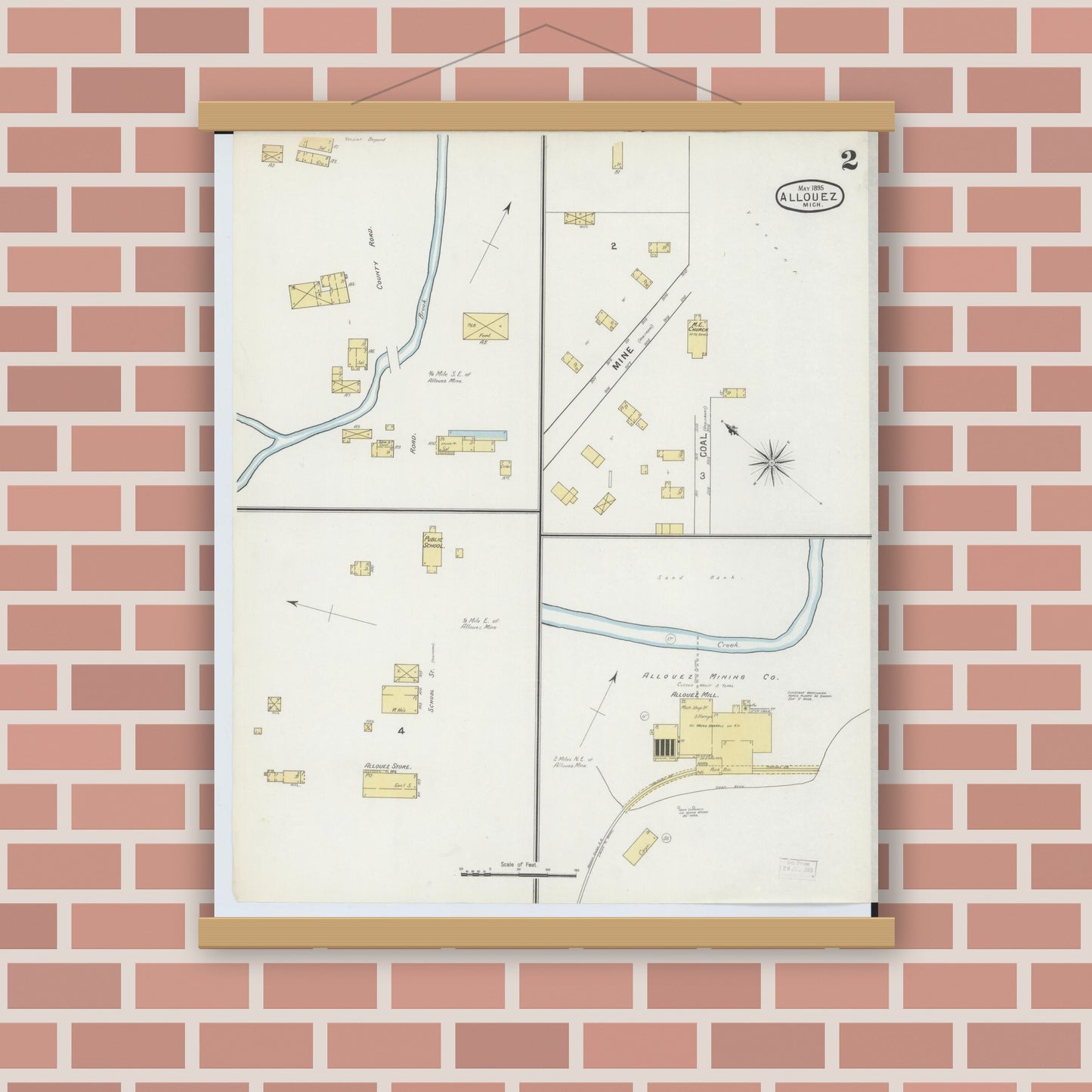 Old map wall art mockup — magnetic wood frame on brick wall — Sanborn Fire Insurance Map from Allouez, Keweenaw And Houghton Counties, Michigan (1895), Sheet #0002
