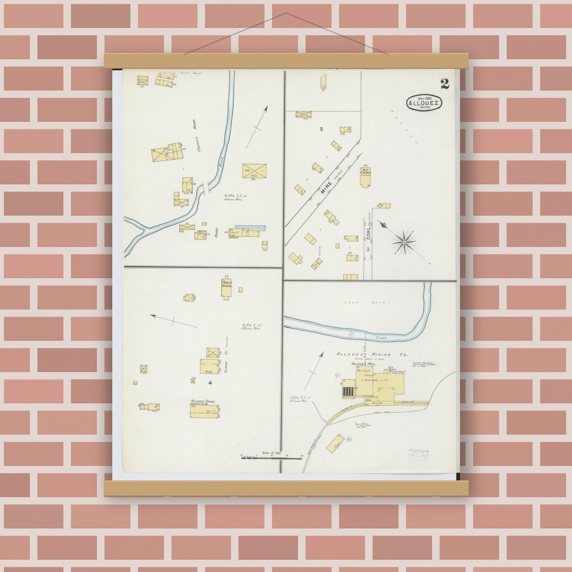 Old map wall art mockup — magnetic wood frame on brick wall — Sanborn Fire Insurance Map from Allouez, Keweenaw And Houghton Counties, Michigan (1895), Sheet #0002