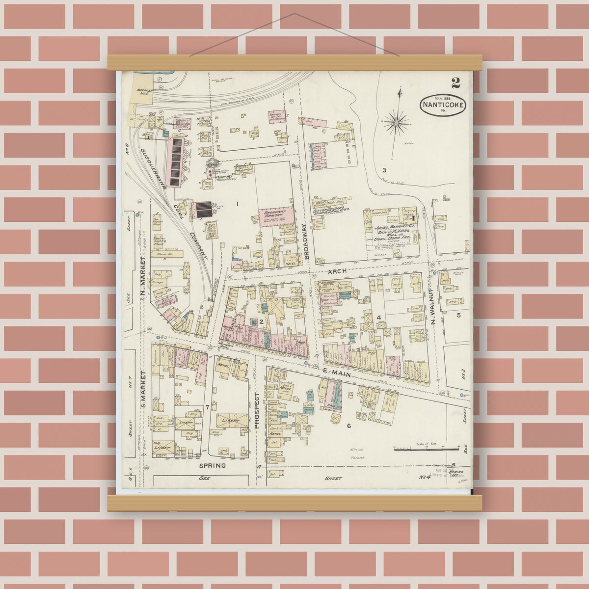 Old map wall art mockup — magnetic wood frame on brick wall — Sanborn Fire Insurance Map from Nanticoke, Luzerne County, Pennsylvania (1888), Sheet #0002
