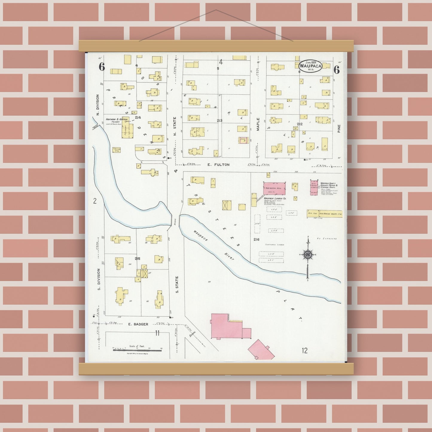 Old map wall art mockup — magnetic wood frame on brick wall — Sanborn Fire Insurance Map from Waupaca, Waupaca County, Wisconsin (1924), Sheet #0006