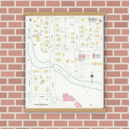 Old map wall art mockup — magnetic wood frame on brick wall — Sanborn Fire Insurance Map from Waupaca, Waupaca County, Wisconsin (1924), Sheet #0006