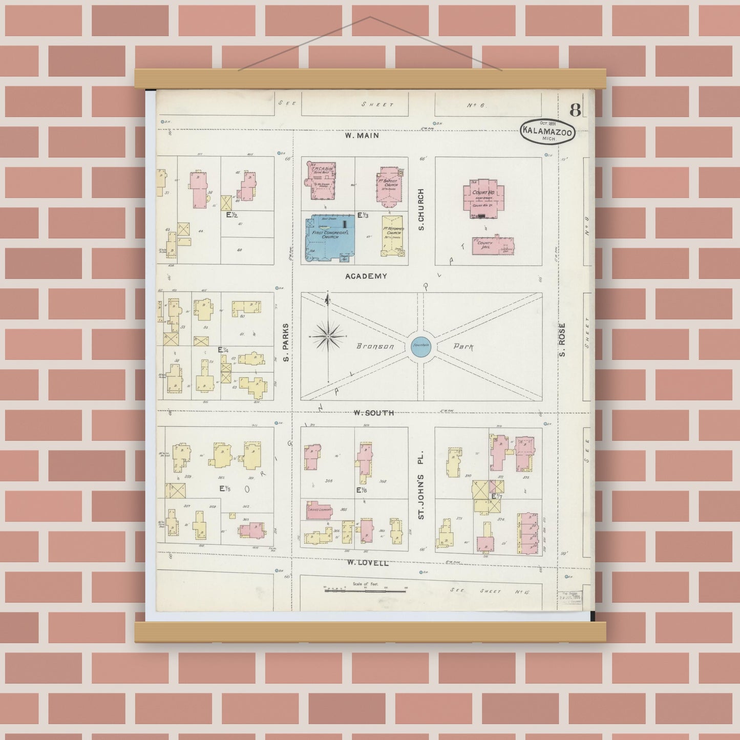 Old map wall art mockup — magnetic wood frame on brick wall — Sanborn Fire Insurance Map from Kalamazoo, Kalamazoo County, Michigan (1891), Sheet #0008