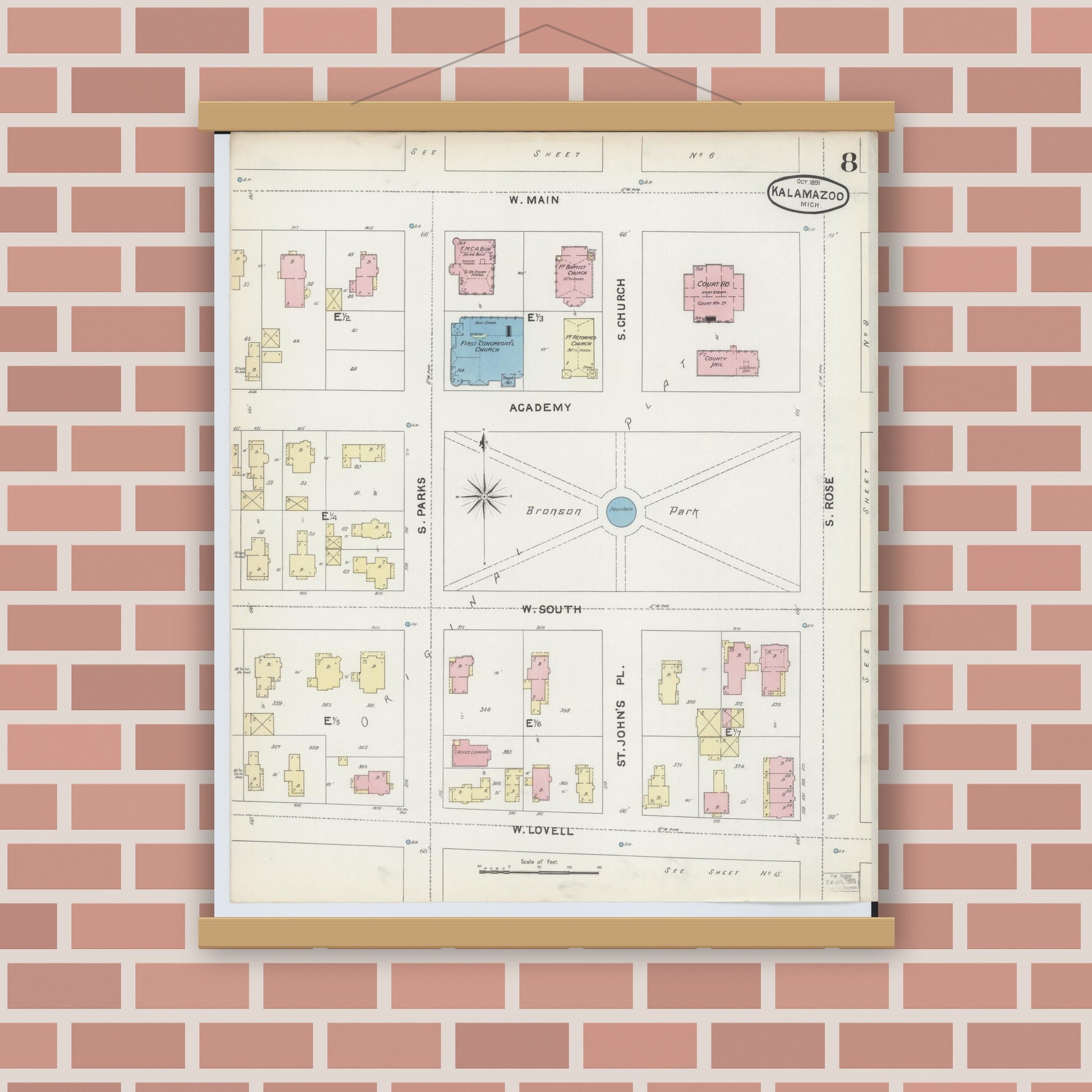 Old map wall art mockup — magnetic wood frame on brick wall — Sanborn Fire Insurance Map from Kalamazoo, Kalamazoo County, Michigan (1891), Sheet #0008