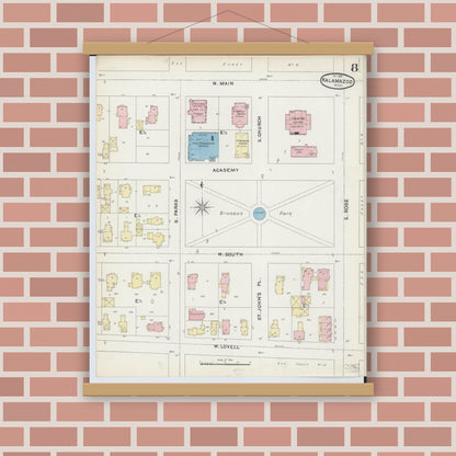 Old map wall art mockup — magnetic wood frame on brick wall — Sanborn Fire Insurance Map from Kalamazoo, Kalamazoo County, Michigan (1891), Sheet #0008