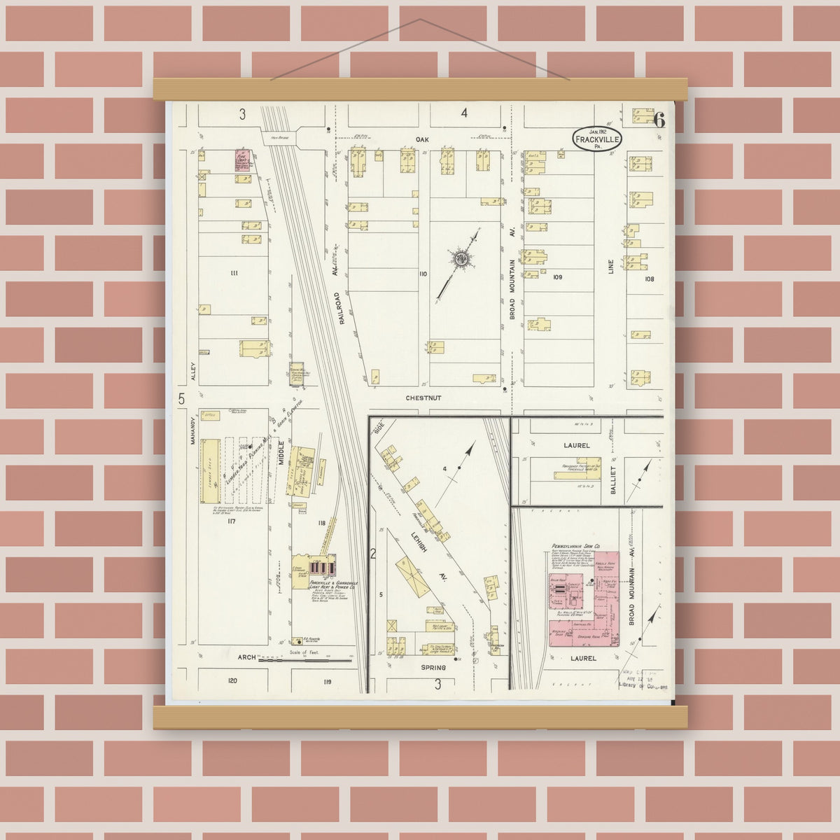 Old map wall art mockup — magnetic wood frame on brick wall — Sanborn Fire Insurance Map from Frackville, Schuylkill County, Pennsylvania (1912), Sheet #0006