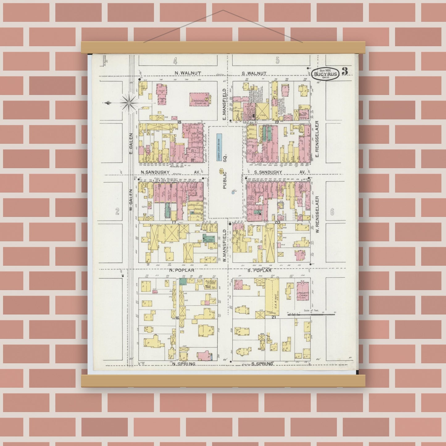 Old map wall art mockup — magnetic wood frame on brick wall — Sanborn Fire Insurance Map from Bucyrus, Crawford County, Ohio (1892), Sheet #0003