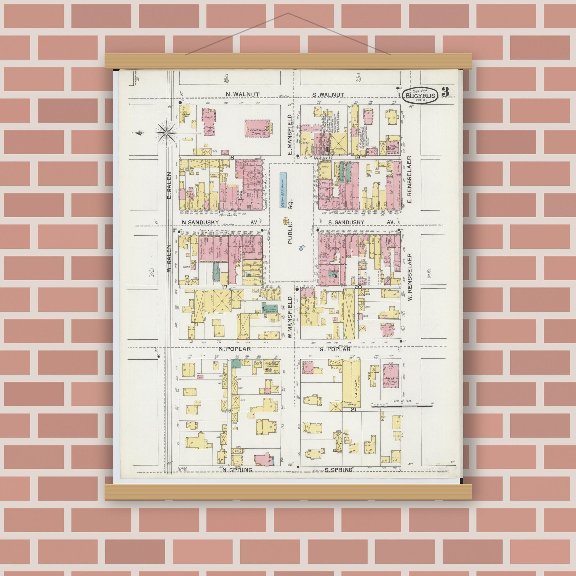 Old map wall art mockup — magnetic wood frame on brick wall — Sanborn Fire Insurance Map from Bucyrus, Crawford County, Ohio (1892), Sheet #0003