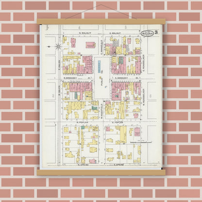 Old map wall art mockup — magnetic wood frame on brick wall — Sanborn Fire Insurance Map from Bucyrus, Crawford County, Ohio (1892), Sheet #0003