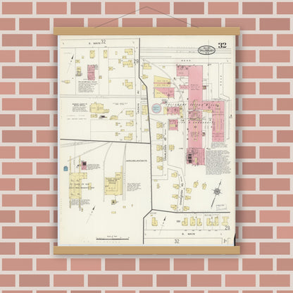 Old map wall art mockup — magnetic wood frame on brick wall — Sanborn Fire Insurance Map from Salisbury, Rowan County, North Carolina (1913), Sheet #0032