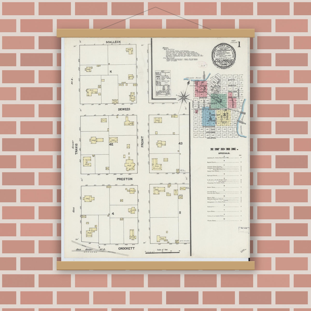 Old map wall art mockup — magnetic wood frame on brick wall — Sanborn Fire Insurance Map from Columbus, Colorado County, Texas (1890) - Complete Map Set