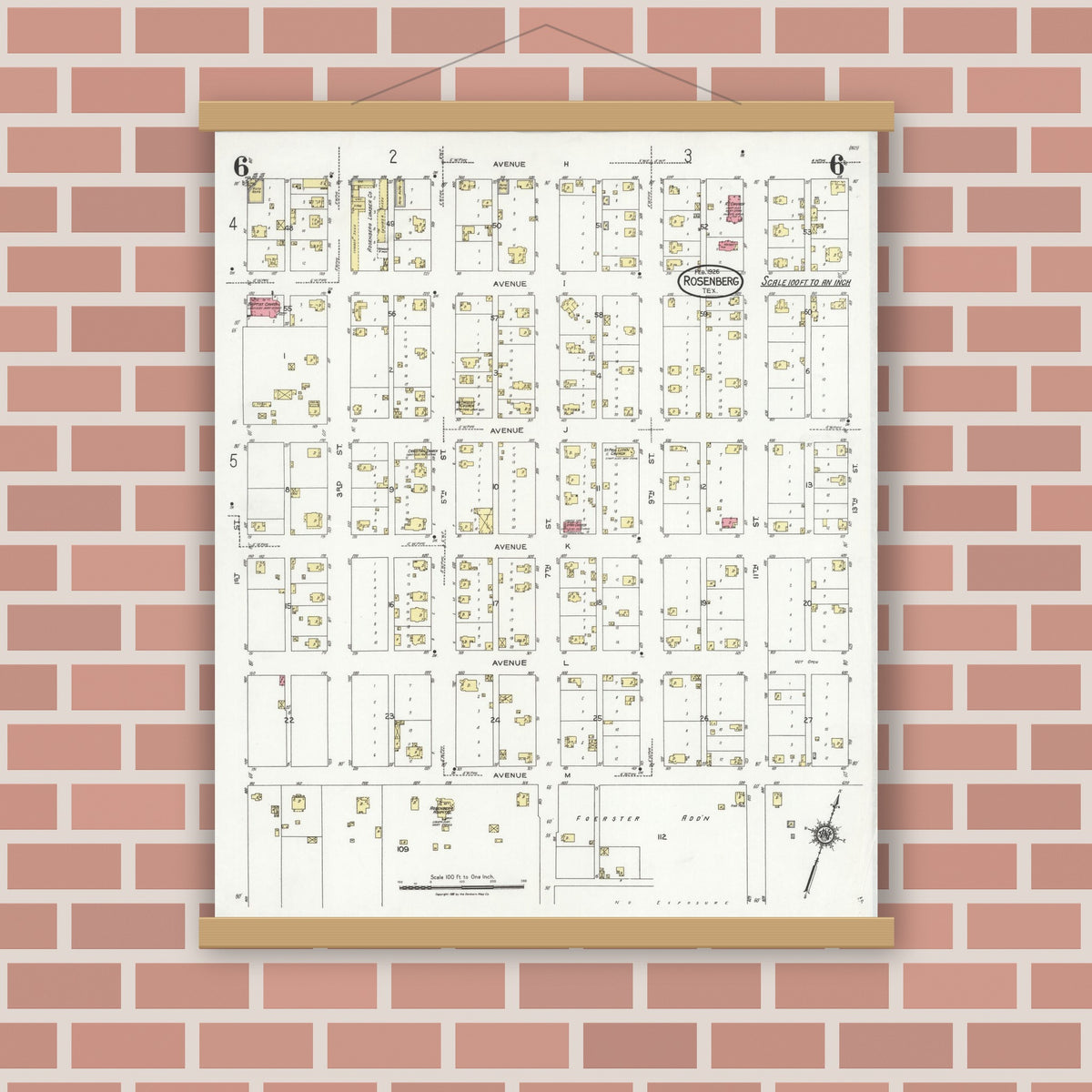 Old map wall art mockup — magnetic wood frame on brick wall — Sanborn Fire Insurance Map from Rosenberg, Fort Bend County, Texas (1926), Sheet #0006