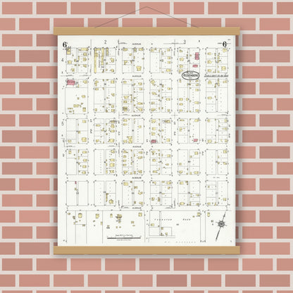 Old map wall art mockup — magnetic wood frame on brick wall — Sanborn Fire Insurance Map from Rosenberg, Fort Bend County, Texas (1926), Sheet #0006