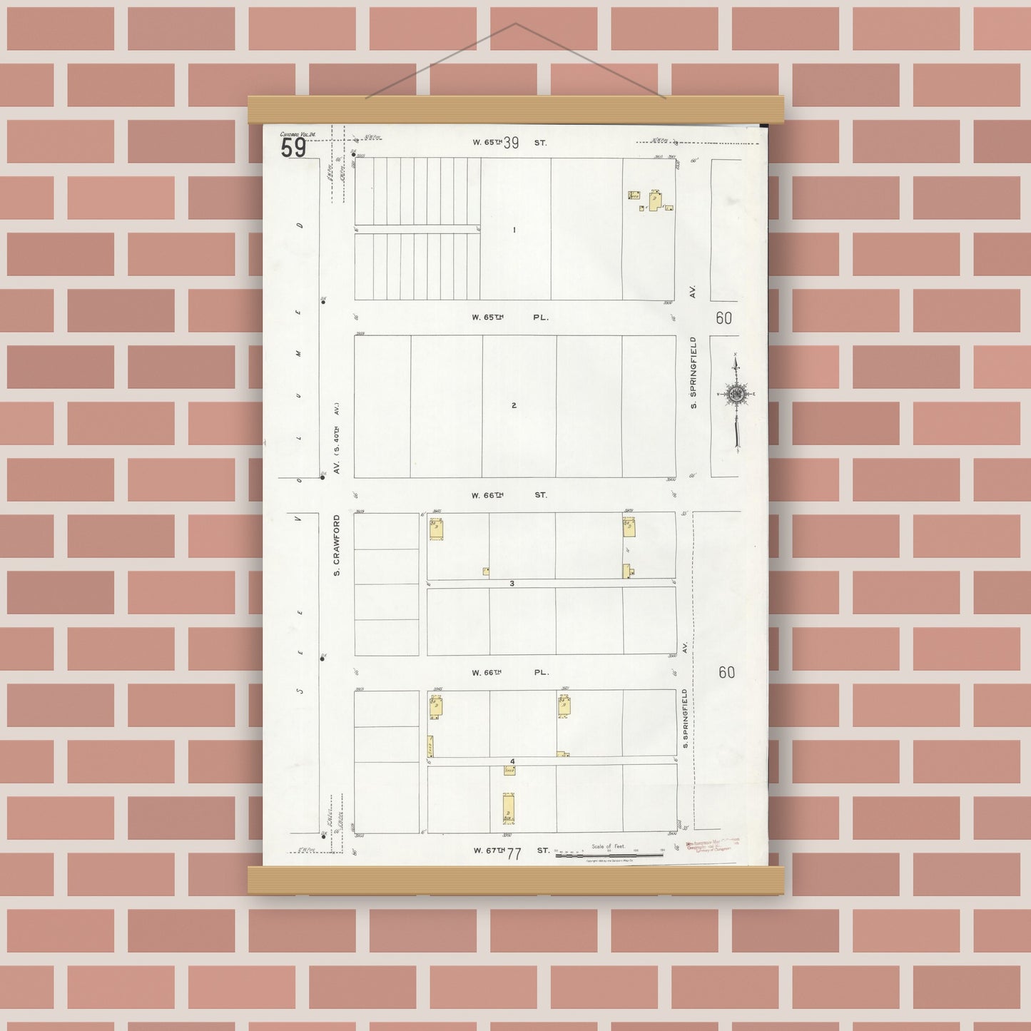 Old map wall art mockup — magnetic wood frame on brick wall — Sanborn Fire Insurance Map from Chicago, Cook County, Illinois (1920), Sheet #0059