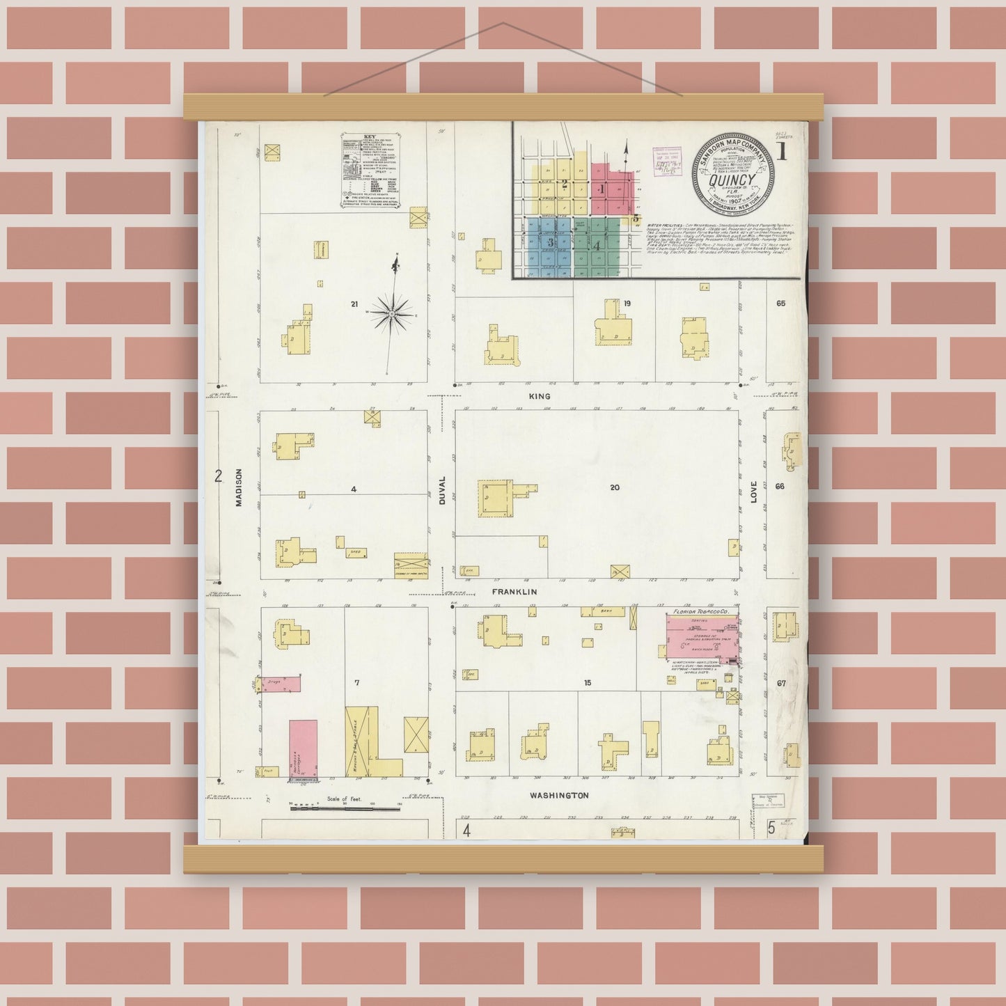 Old map wall art mockup — magnetic wood frame on brick wall — Sanborn Fire Insurance Map from Quincy, Gadsden County, Florida (1907) - Complete Map Set