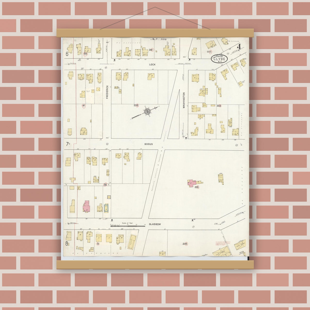 Old map wall art mockup — magnetic wood frame on brick wall — Sanborn Fire Insurance Map from Clyde, Wayne County, New York (1932), Sheet #0004