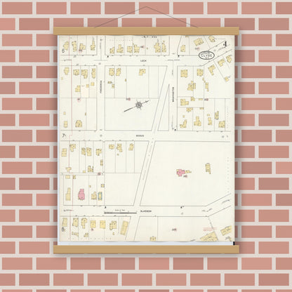 Old map wall art mockup — magnetic wood frame on brick wall — Sanborn Fire Insurance Map from Clyde, Wayne County, New York (1932), Sheet #0004