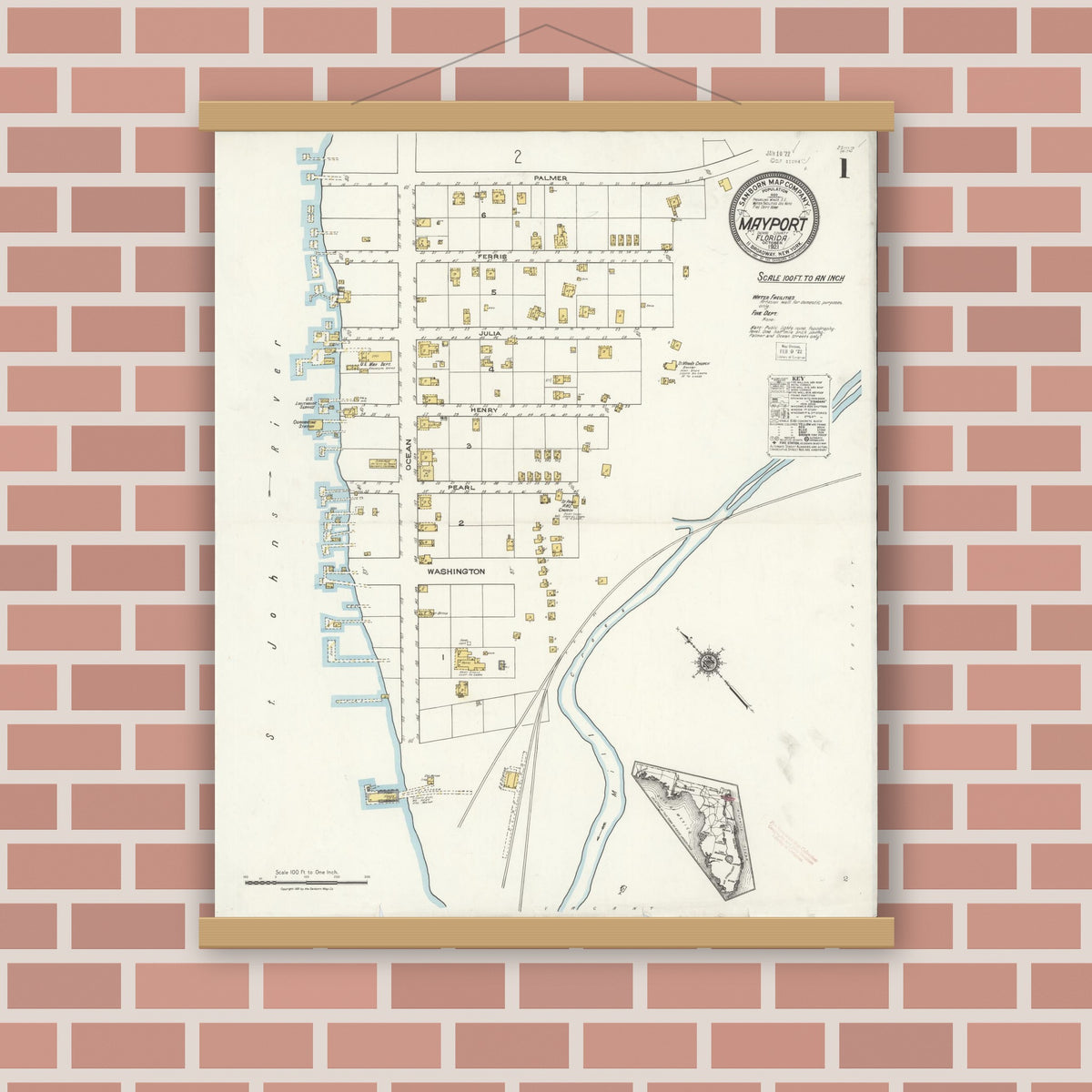 Old map wall art mockup — magnetic wood frame on brick wall — Sanborn Fire Insurance Map from Mayport, Duval County, Florida (1921) - Complete Map Set