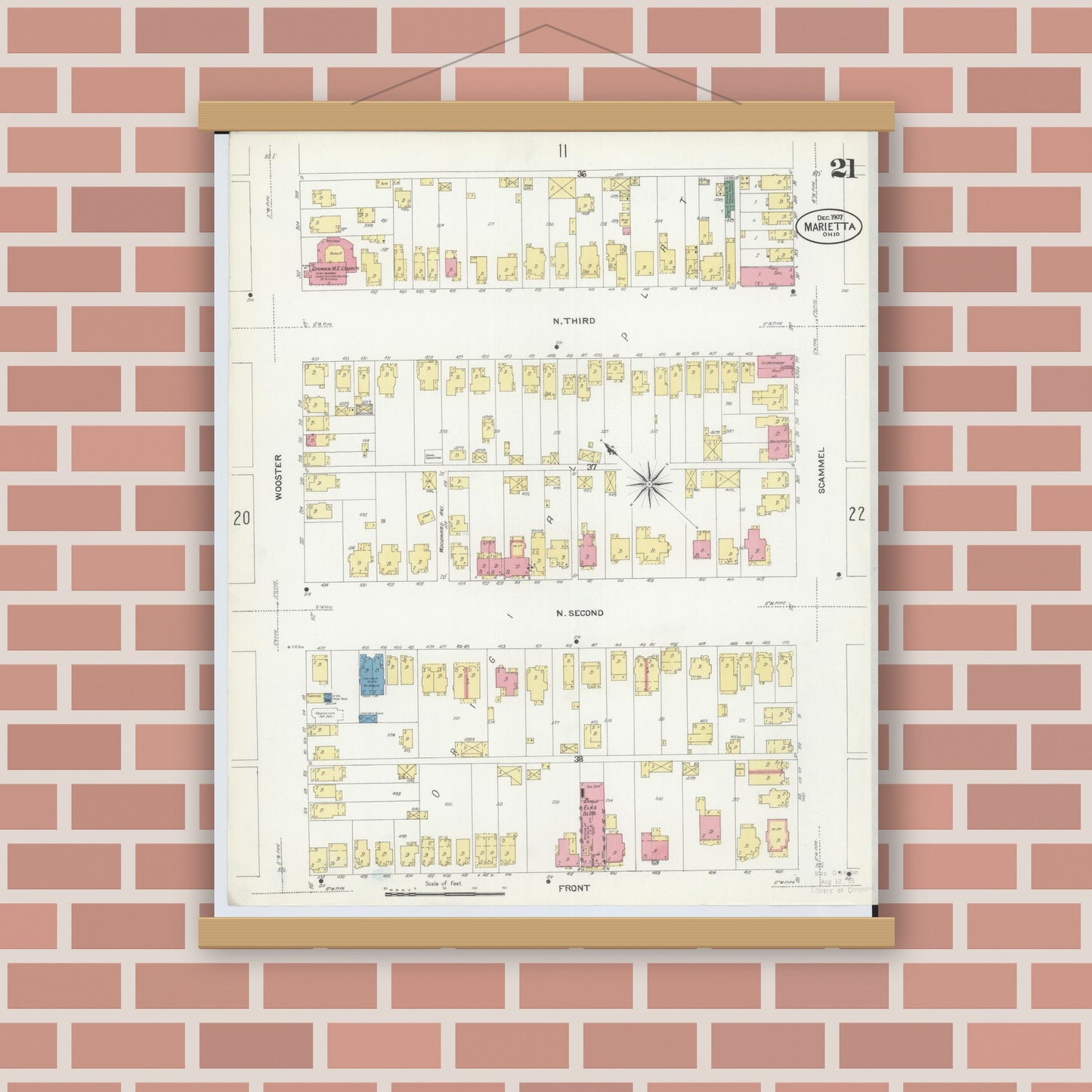 Old map wall art mockup — magnetic wood frame on brick wall — Sanborn Fire Insurance Map from Marietta, Washington County, Ohio (1907), Sheet #0021