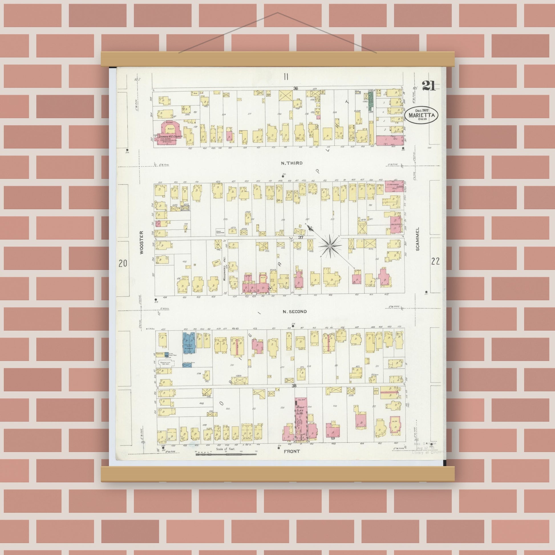 Old map wall art mockup — magnetic wood frame on brick wall — Sanborn Fire Insurance Map from Marietta, Washington County, Ohio (1907), Sheet #0021