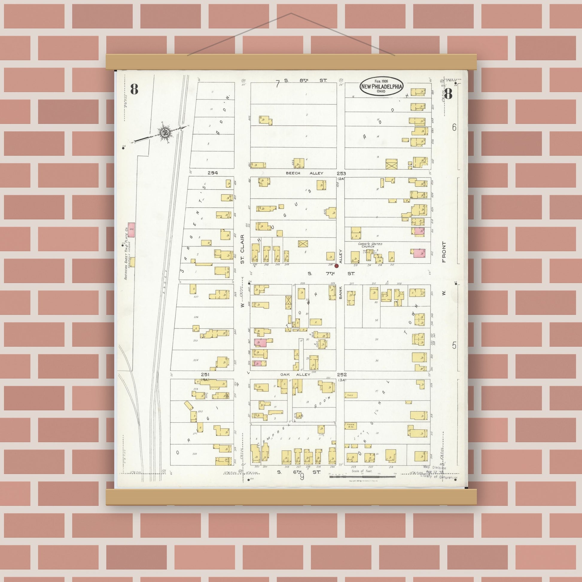 Old map wall art mockup — magnetic wood frame on brick wall — Sanborn Fire Insurance Map from New Philadelphia, Tuscarawas County, Ohio (1926), Sheet #0008