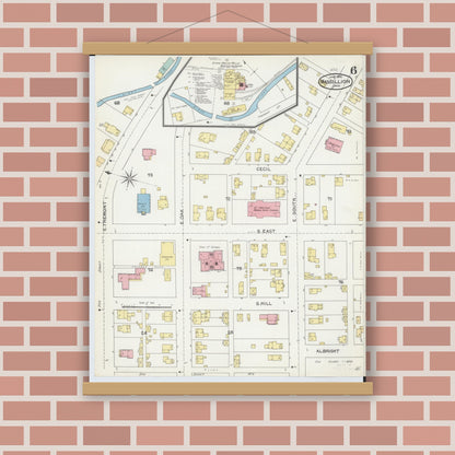 Old map wall art mockup — magnetic wood frame on brick wall — Sanborn Fire Insurance Map from Massillon, Stark County, Ohio (1892), Sheet #0006