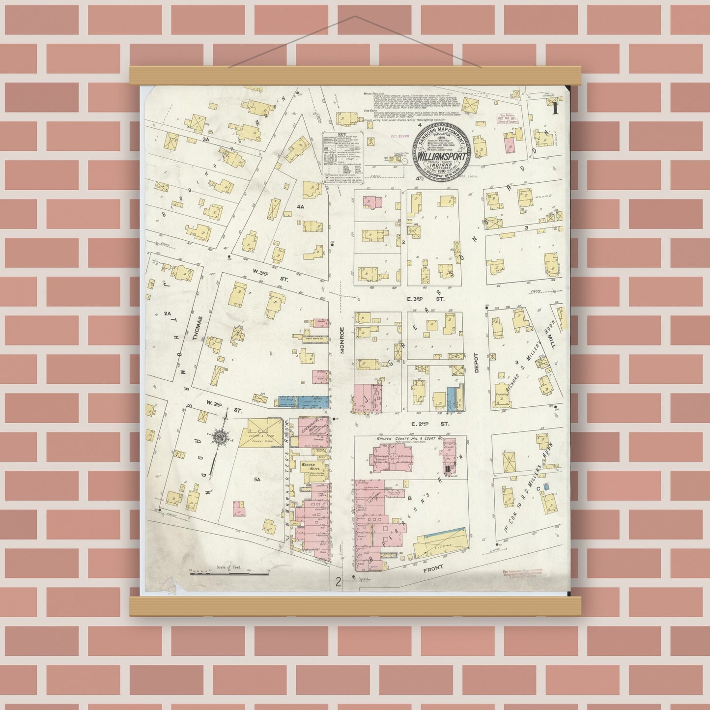 Old map wall art mockup — magnetic wood frame on brick wall — Sanborn Fire Insurance Map from Williamsport, Warren County, Indiana (1910) - Complete Map Set