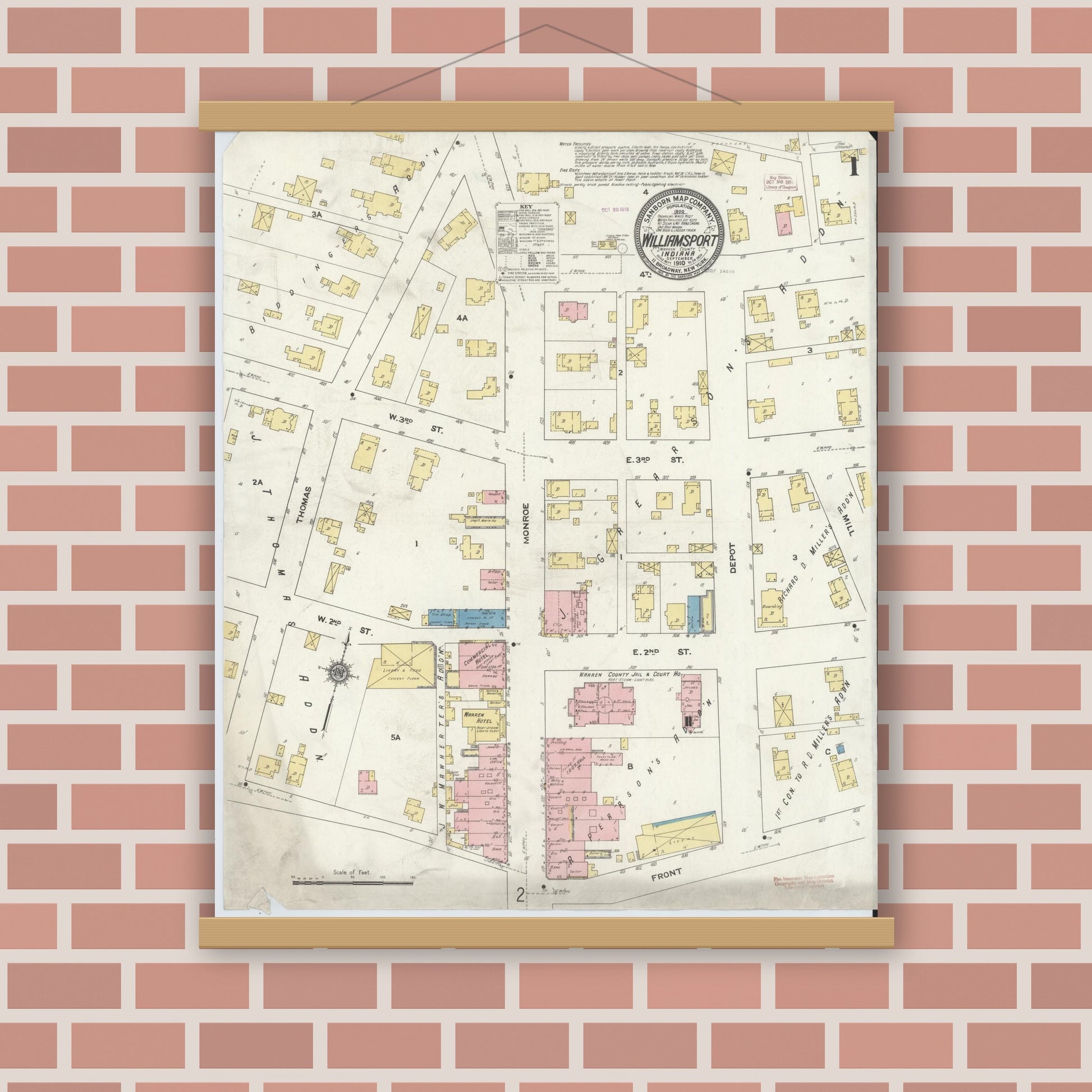 Old map wall art mockup — magnetic wood frame on brick wall — Sanborn Fire Insurance Map from Williamsport, Warren County, Indiana (1910) - Complete Map Set
